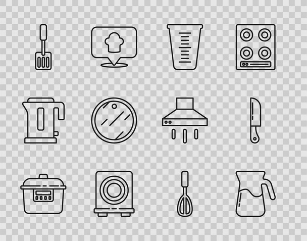 Set Slow Kocher, Glas mit Wasser, Messbecher, Elektroherd, Spachtel, Schneidebrett, Küchenbesen und Messer Symbol. Vektor - Vektor, Bild