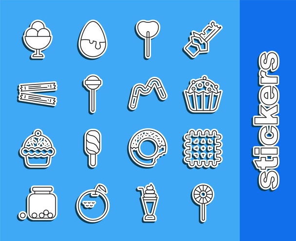 Set Lutscher, Cracker-Keks, Cupcake, Zuckerstangen-Päckchen, Eis in Schale und Jelly Worms Bonbon-Symbol. Vektor - Vektor, Bild
