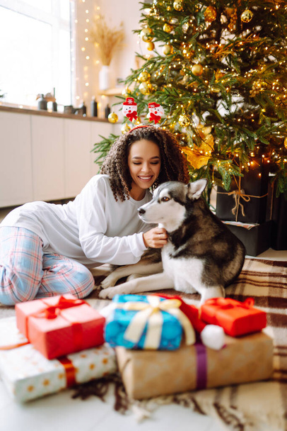 Young woman with a dog Husky on the background of the Christmas tree. Winter holidays. New year. - Foto, immagini