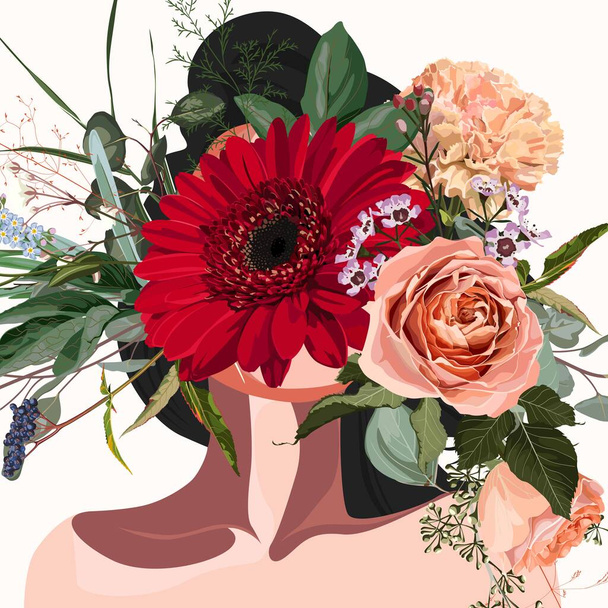 Άνοιξη. Σάμερ. Χαριτωμένη απεικόνιση μιας γυναίκας με κεφάλι λουλούδια, νέους ανθρώπους για μια αφίσα, κάρτα, φυλλάδιο ή πανό ή t-shirt εκτύπωσης. Στυλ κινουμένων σχεδίων, επίπεδη απεικόνιση. Αποτύπωμα μπλούζας. - Διάνυσμα, εικόνα