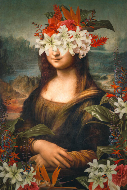 Abstraktní koláž současného umění Mony Lisy del Giocondo od Leonarda da Vinciho s květinami. Originál z Wikimedia Commons CC0 - Fotografie, Obrázek