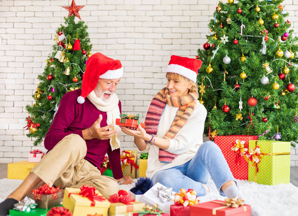 Happy smiling senior caucasian couple celebrating Christmas together while exchanging their present in happiness and excitement at home with Santa hat and christmas tree - Photo, Image