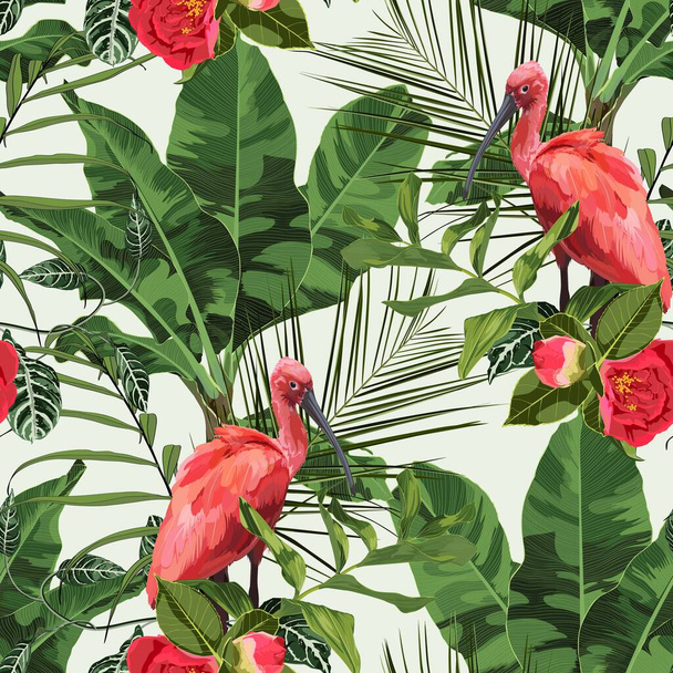 Птахи Скарлет Ібіс у ящиках з пальмовим листям і червоними квітами. Намальована вручну. Тропічні ліси на білому тлі. - Вектор, зображення