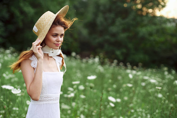 Woman in white dress on nature flowers rest charm - Zdjęcie, obraz