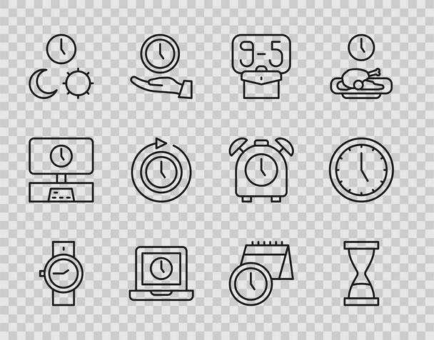 Set line Wrist watch, Old hourglass with sand, From 9, Laptop time, Day night, Clock arrow, Calendar clock and icon. Vector - Vector, Image