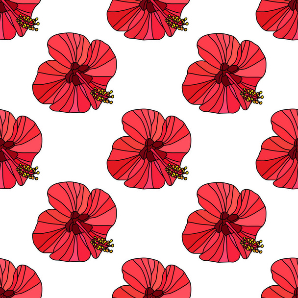 Elegant seamless pattern with red hibiscus flowers, design elements. Floral  pattern for invitations, cards, print, gift wrap, manufacturing, textile, fabric, wallpapers - ベクター画像