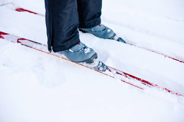 Close-up of legs in gray ski boots on skis. Man skiing on winter snow on clear sunny day, side view - Фото, зображення