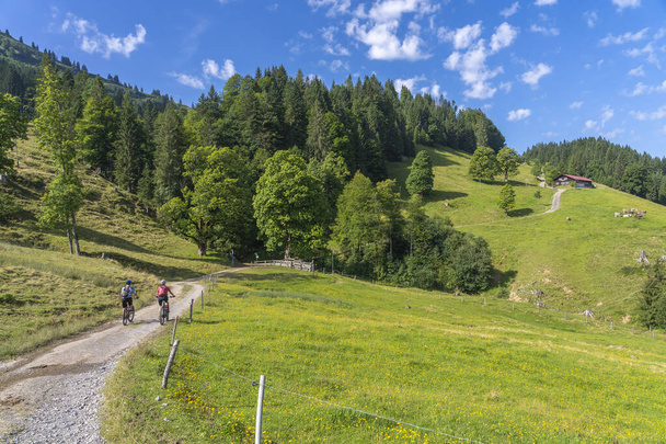 belle et restée jeune grand-mère et son petit-fils chevauchant leurs vélos de montagne électriques dans les Alpes Allgaeu près d'Oberstaufen en Bavière, Allemagne - Photo, image