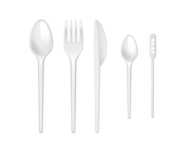 Biały jednorazowy widelec, nóż i łyżka. Realistyczne plastikowe naczynia kuchenne, zestaw do serwowania - Wektor, obraz