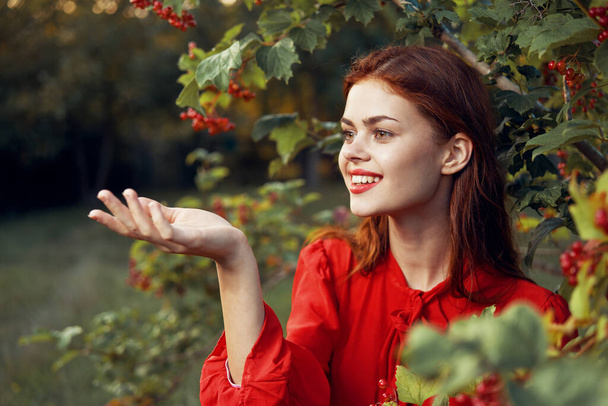 cheerful woman in nature near a tree with berries - Фото, изображение