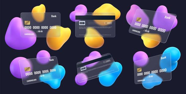 Realistic credit card mockup in glassmorphism style with blur. Transparent plastic shopping debit cards. Glass bank payment card vector set - Vektör, Görsel