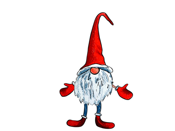 Pequeño gnomo elfo Ilustración ayudante de Santa en estilo de dibujos animados aislado sobre fondo blanco - Foto, Imagen