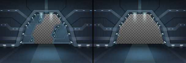 Futurystyczne drzwi przesuwne w statku kosmicznym lub laboratorium. Realistyczne wnętrze pustego korytarza z bramami - Wektor, obraz