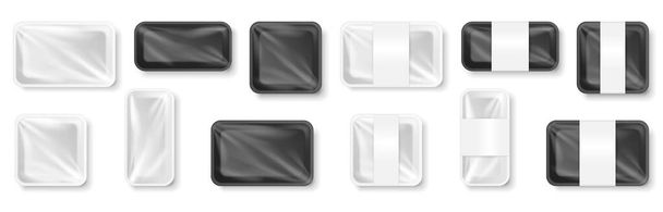 Set transparante zwarte en witte plastic voedselcontainers, verpakking met productbakje en etiket - Vector, afbeelding