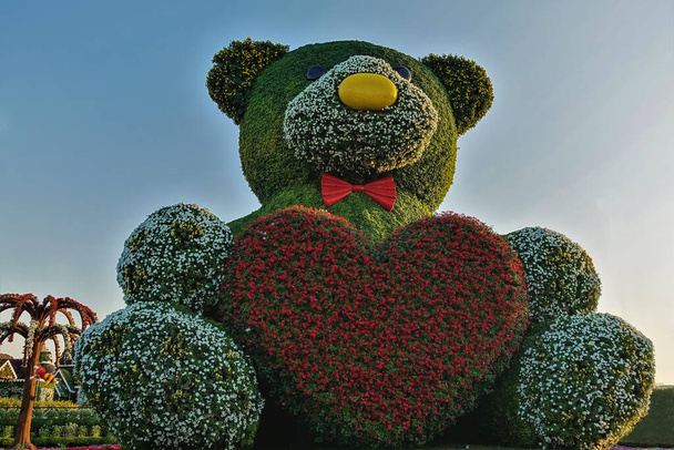 La gran figura de un cachorro de oso sentado está hecha de flores blancas y plantas verdes. Tiene un corazón de petunias rojas en sus patas. Fondo cielo azul claro. Dubai - Foto, imagen