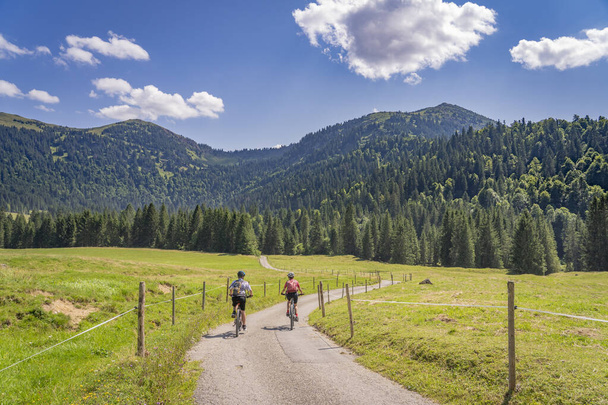 belle et restée jeune grand-mère et son petit-fils chevauchant leurs vélos de montagne électriques dans les Alpes Allgaeu près d'Oberstaufen en Bavière, Allemagne - Photo, image