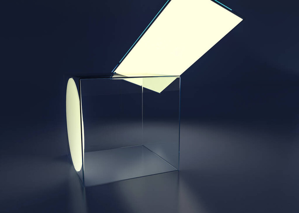 Acrylic box abstract with lamp. Shadow and reflection. 3D illustration - Foto, afbeelding