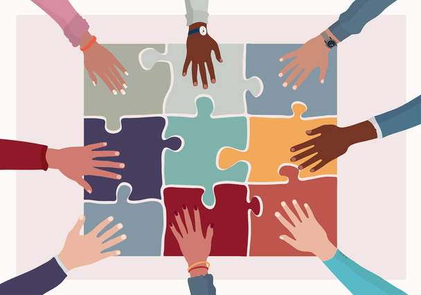 Agreement or affair between a group of colleagues or co-workers.Hands joining puzzle pieces on a table.Diversity People Exchange of ideas. Concept of sharing and exchange.Community - Vector, Image