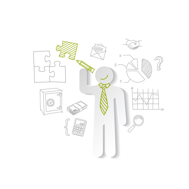 Paper man, puzzles, and business graphics. Marketing concept - Vector, Image