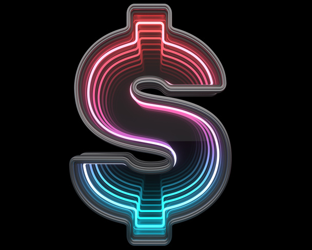  Dolar. Futuristické kovové písmo. Světlý neon. 3D vykreslování - Fotografie, Obrázek