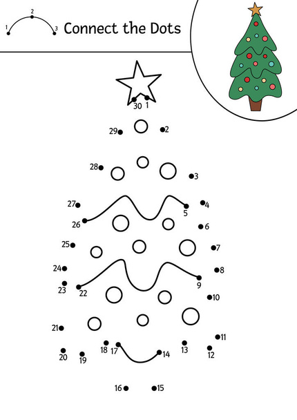 Vector Christmas dot-to-dot and color activity with cute fir tree. Winter holiday connect the dots game for children. Funny coloring page for kids with traditional New Year symbol. - Vektor, obrázek