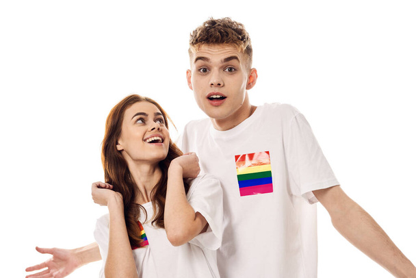 young couple lgbt Flag transgender lifestyle light background - Zdjęcie, obraz