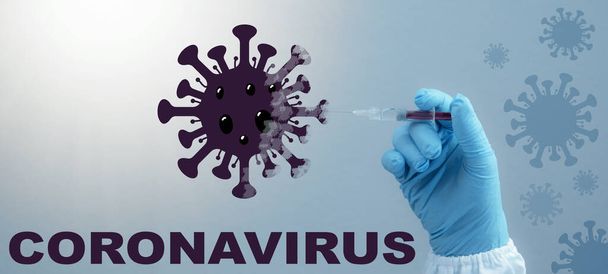 CORONAVIRUS - CORONA VACCINATION STOP COVID-19 - Doctor with syringe in hand injects Corona vaccine into a virus symbol, isolated on blue background - Zdjęcie, obraz