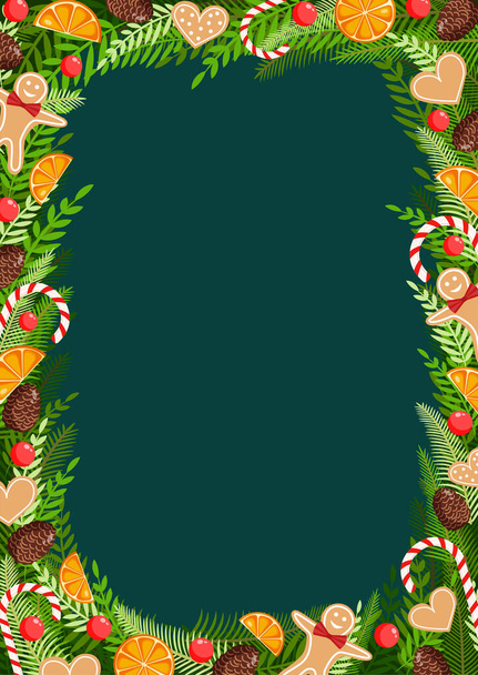 Cartão de Natal feito de pinho natural, galhos, cones, guirlanda, homens de gengibre, doces, biscoitos e laranja seca para cartões postais, cartazes, banners. Ilustração de Feliz Natal e Ano Novo - Vetor, Imagem