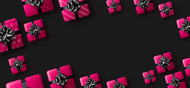 Pink polka dot and striped gift boxes with black bow. Christmas, birthday, Valentine's day, holiday frame. Top view. Vector illustration. - Vector, afbeelding