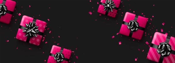 Pink polka dot and striped gift boxes with black bows and confetti. Christmas, birthday, Valentine's day, holiday frame. Top view. Vector illustration. - Vector, afbeelding