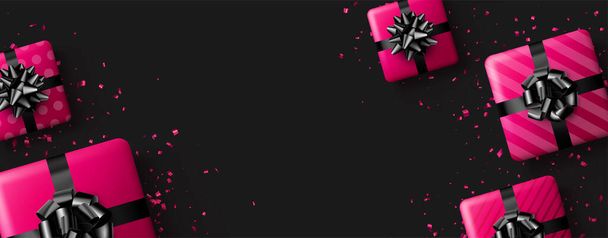 Roze stippen en gestreepte geschenkdozen met zwarte strikken en confetti. Kerstmis, verjaardag, Valentijnsdag, feestdagen. Bovenaanzicht. Vectorillustratie. - Vector, afbeelding