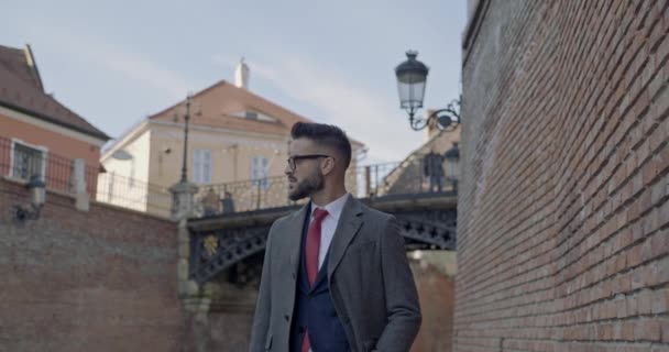 elegantní mladý muž s brýlemi držící kufr stranou, držící ruku v kapse a odcházející - Záběry, video