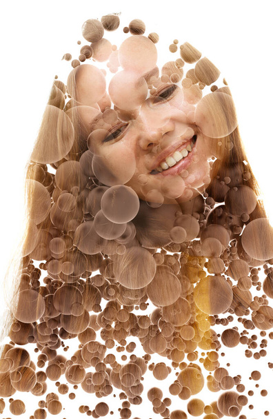 A portrait of a woman combined with 3d spheres in a double exposure technique. - Fotó, kép