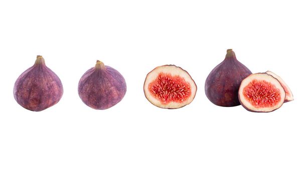 Βιολογικά Γλυκά φρούτα σύκο υγιεινή χορτοφαγική διατροφή τρόφιμα φρέσκα ώριμα κόκκινο slide περικοπή στη μέση νόστιμο νόστιμο ζουμερό τροπική διατροφή συλλογή που απομονώνονται σε ρουστίκ λευκό φόντο - Φωτογραφία, εικόνα