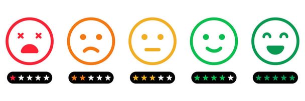 Emoji-Feedback-Skala mit Stars Line Icon. Die Stimmung der Kunden reicht von "Happy Good Face" bis hin zu "Wut und Traurigkeit". Emoticon Feedback. Erhebung der Kundenzufriedenheit. Isolierte Vektorillustration - Vektor, Bild