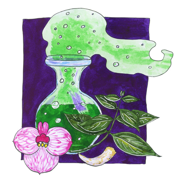 Колба эликсира, наполненная зеленым эликсиром с пузырьками и дымом, волшебное растение и цветок, клык или зуб в качестве элемента химической медицины. Акварель ручной работы, композиция в фиолетовом квадрате - Вектор,изображение