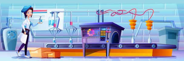 Μεταφορική ταινία εργοστασίου κινουμένων σχεδίων με γυάλινες φιάλες γάλακτος - Διάνυσμα, εικόνα