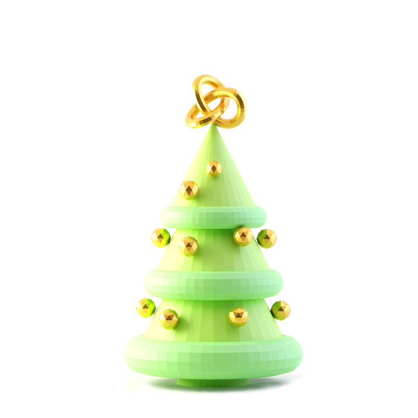 Albero di Natale basso poli con decorazioni natalizie dorate, rendering 3d - Foto, immagini
