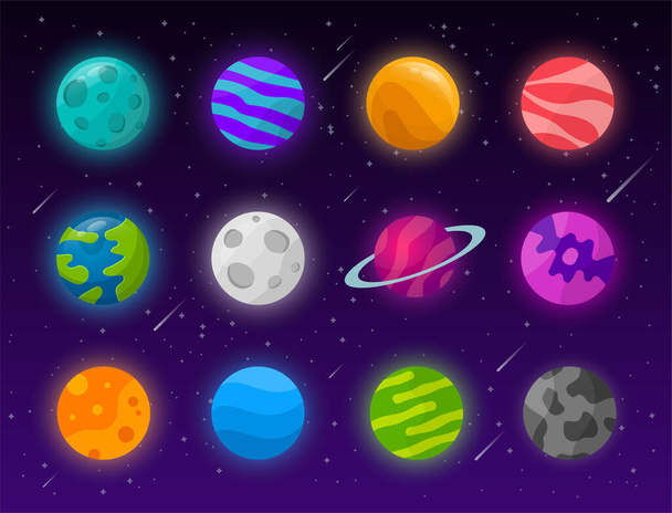 Universumin tausta. 12 abstraktia modernia planeettaa. Avaruuskuva. Kuvakkeet asetettu. Tähtiä ja komeettoja. Tieteellinen tulevaisuus. - Vektori, kuva
