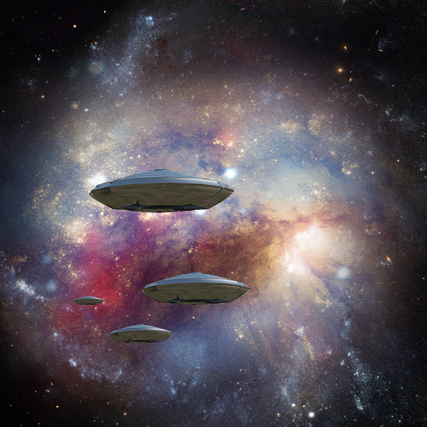 Alien fleet in vivid space. 3D rendering. - Zdjęcie, obraz