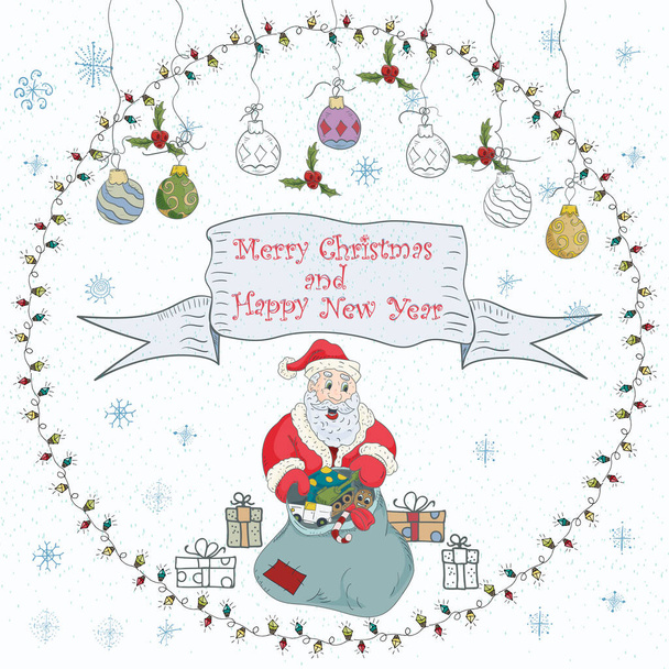 Χριστούγεννα και Πρωτοχρονιά banner εικονογράφηση σε ένα κυκλικό στολίδι γιρλάντα, doodle στυλ, χαιρετισμό επιγραφή, Άγιος Βασίλης κρατώντας μια τσάντα με δώρα - Διάνυσμα, εικόνα