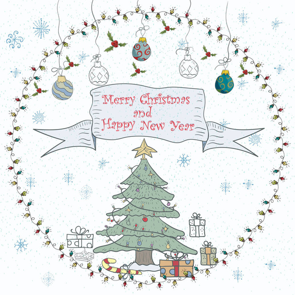 Ilustração de banner de Natal e Ano Novo em um ornamento de guirlanda circular, estilo doodle, inscrição de saudação, árvore de Natal está entre os presentes - Vetor, Imagem