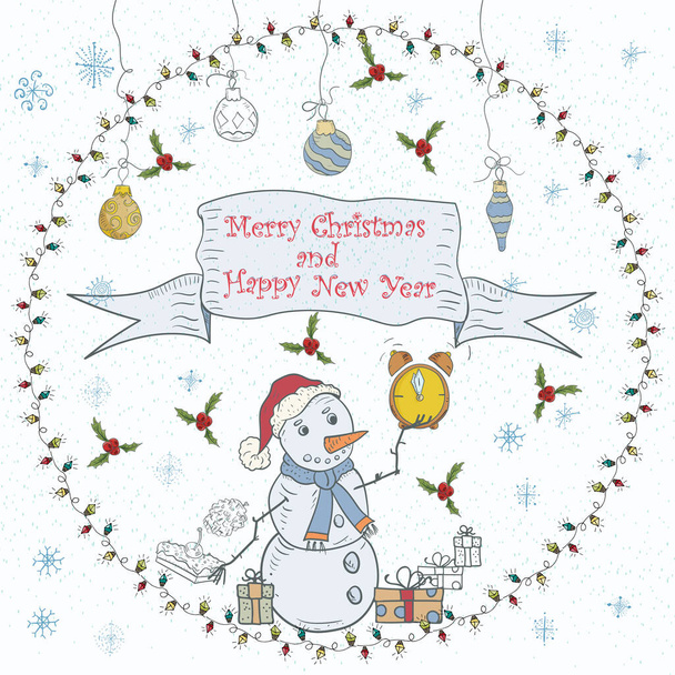 Ilustração de banner de Natal e Ano Novo em um ornamento de guirlanda circular, estilo doodle, inscrição de saudação, boneco de neve segurando um despertador com a hora de início do feriado - Vetor, Imagem