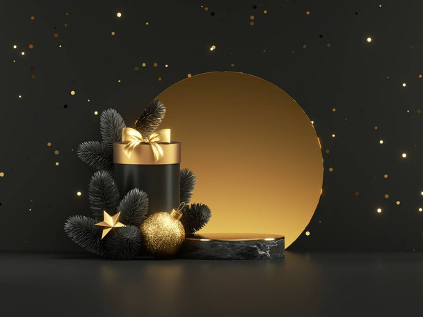 3d render, abstract black gold New Year background, marble podium and golden arch, empty stage decorated with gift box, spruce twig and confetti. Product presentation showcase for black friday sale - Fotografie, Obrázek