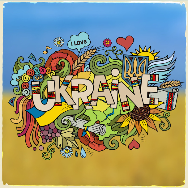 Ukraine hand lettering and doodles elements background. - Vector, Image
