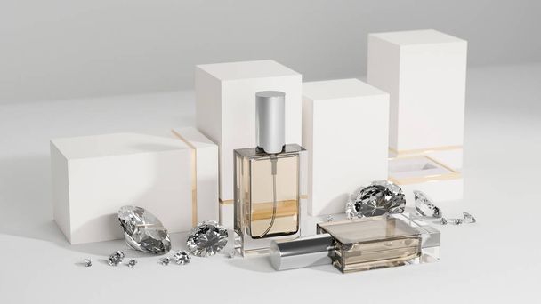 Luxus feminine Parfümflasche mit weißem Podium und Diamanten auf weißem Hintergrund. Nischenparfüm, aromatischer Duft. 3D-Darstellung, 3D-Illustration - Foto, Bild