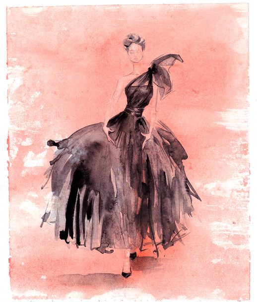 Aquarel Hand geschilderd Fashion Illustration. Zwarte jurk silhouet Minimalistische schets met rode achtergrond. Stijlvol en chique elegante vrouw afbeelding  - Foto, afbeelding