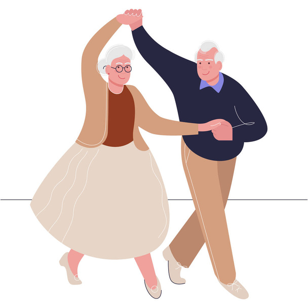 active elderly couple is dancing. happy elderly man and a woman hold hands and demonstrate dance moves isolated on white. grandma and grandpa at the dance. trendy flat style. stock vector illustration. EPS 10. - Vetor, Imagem