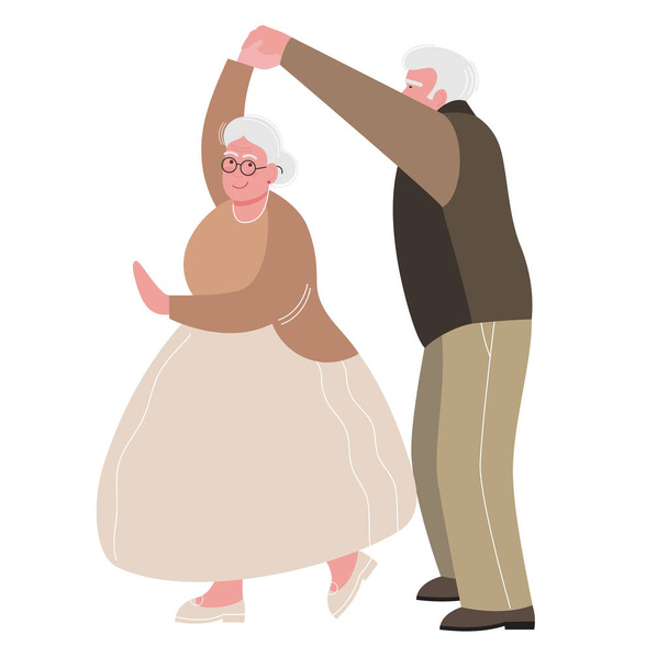 happy elderly couple is dancing. an active elderly man and a woman hold hands and spin in a dance. grandma and grandpa at the dance. drawing in a flat style, isolated on white. vector illustration. EPS 10. - Vetor, Imagem