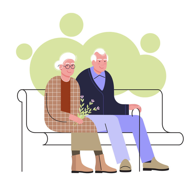 elderly couple is sitting on a bench in a garden or park. grandma and grandpa are walking together, sitting next to each other. elderly woman holds flowers. concept of elderly people in a flat trending style. stock vector illustration. EPS 10. - Vetor, Imagem